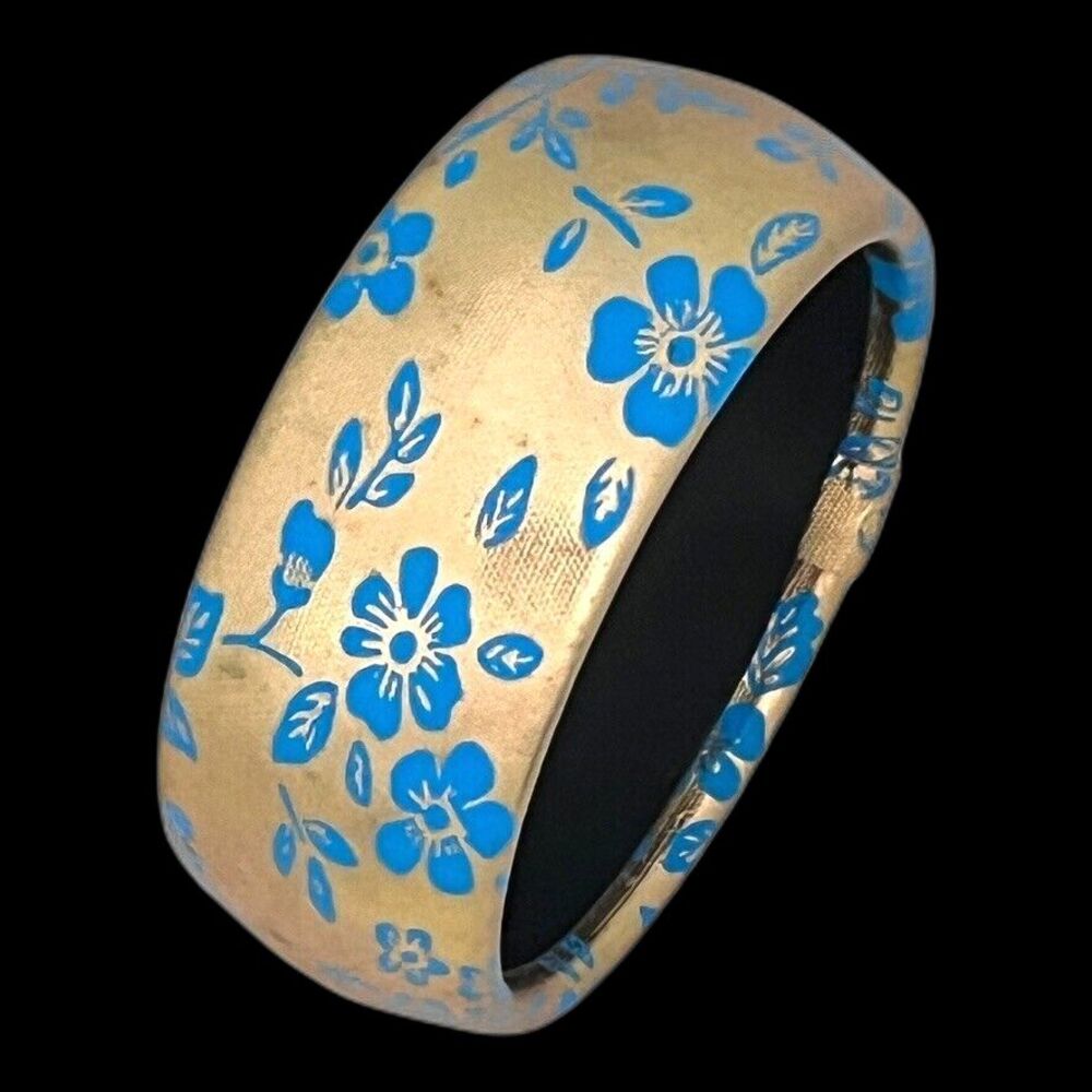 Vintage 1970s Bangle Bracelet Gold Tone Blue Floral Wrapped Wide Retro - BB1